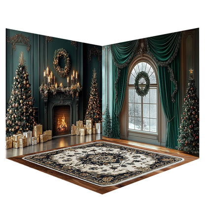 Avezano Christmas Fireplaces and Green Curtains Photography Backdrop Scene Room Set