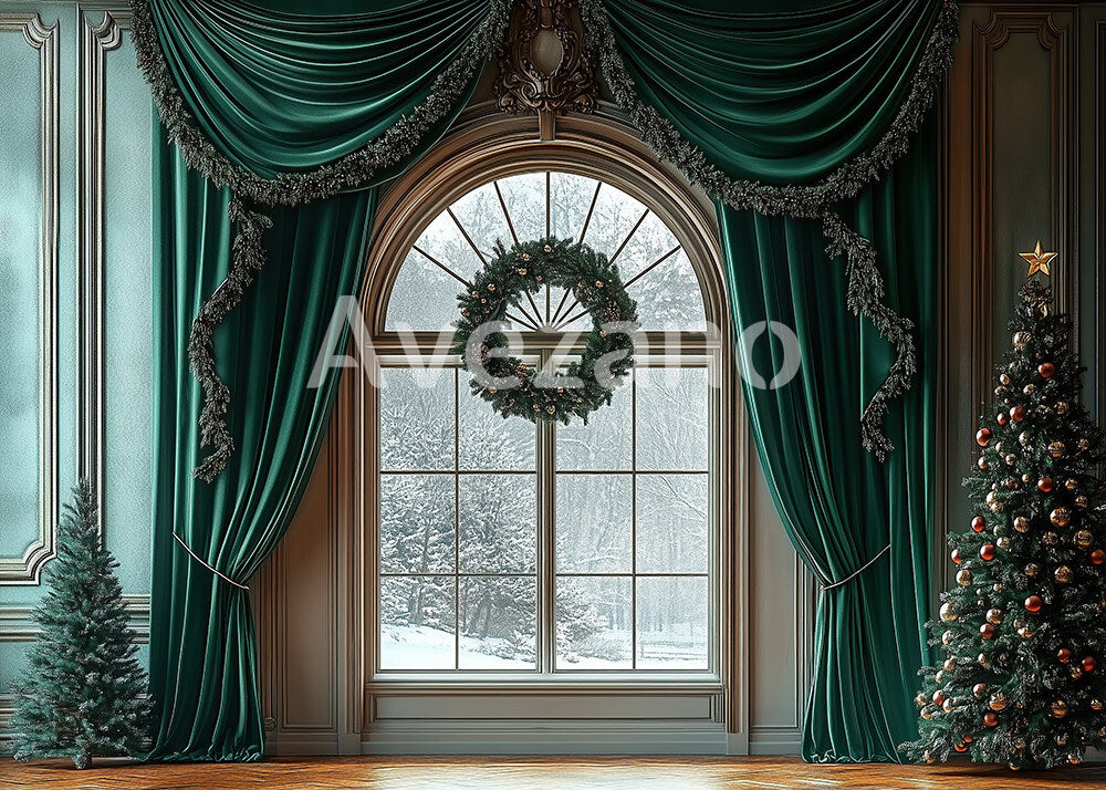 Avezano Christmas Fireplaces and Green Curtains Photography Backdrop Scene Room Set