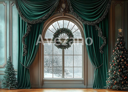Avezano Christmas Window with Green Curtains Photography Backdrop