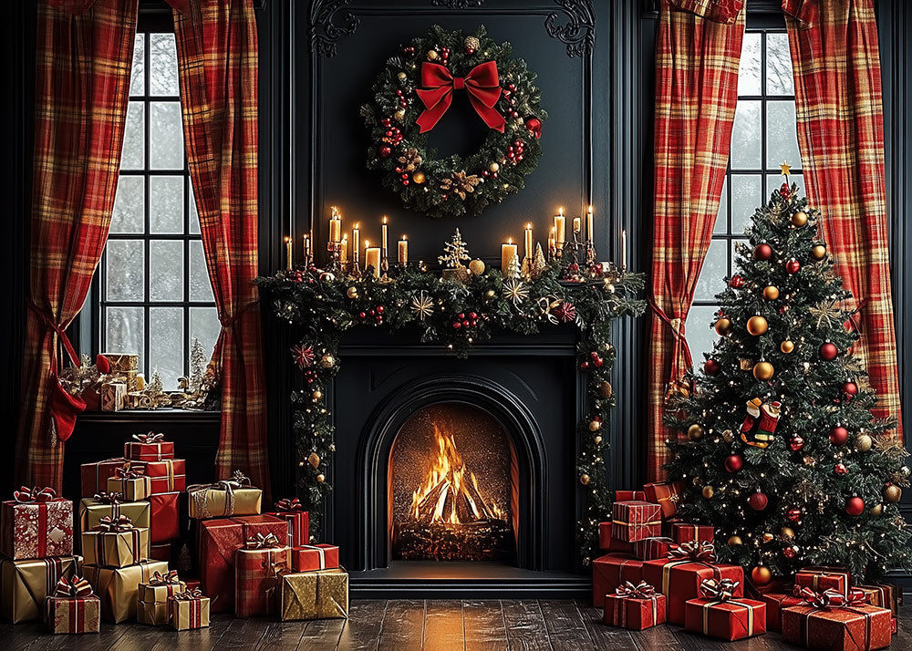 Avezano Christmas Red plaid curtains and a fireplace Photography Backdrop Scene Room Set