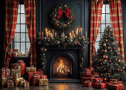 Avezano Christmas Red plaid curtains and a fireplace Photography Backdrop Scene Room Set