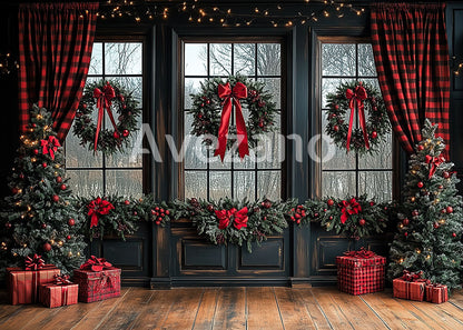 Avezano Triple Christmas Wreaths on Windows Photography Backdrop