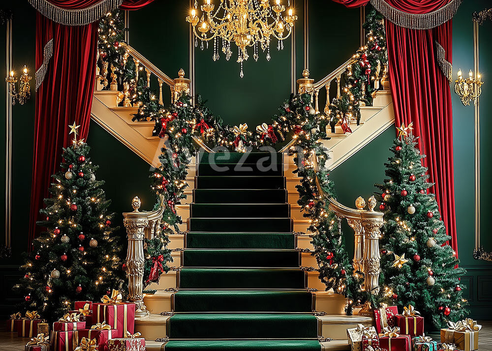 Toile de fond pour photographie de sapin de Noël blanc et de cadeaux d'Avezano