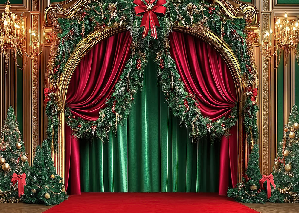 Avezano Christmas Bow-shaped Archway and Curtains Photography Backdrop Scene Room Set