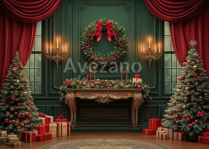 Toile de fond pour photographie de sapin de Noël blanc et de cadeaux d'Avezano