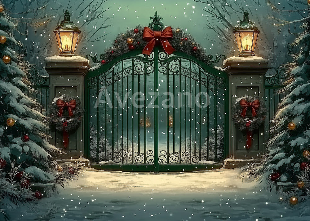 Avezano Snowy Christmas Gate Photography Backdrop