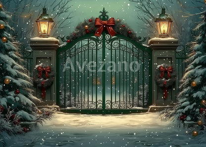 Avezano Snowy Christmas Gate Photography Backdrop