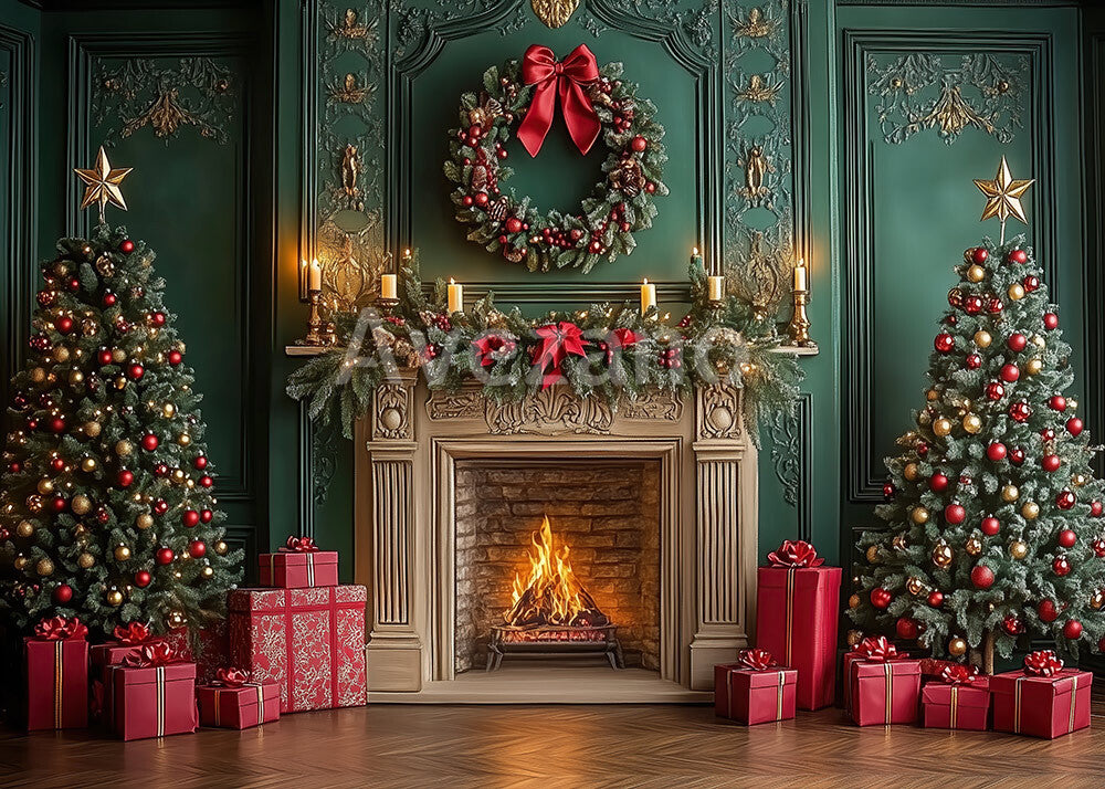 Toile de fond pour photographie de sapin de Noël blanc et de cadeaux d'Avezano