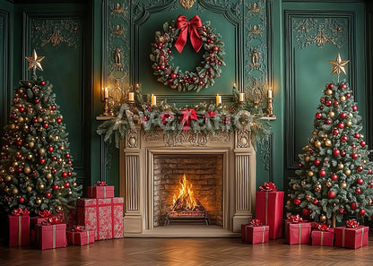 Toile de fond pour photographie de sapin de Noël blanc et de cadeaux d'Avezano