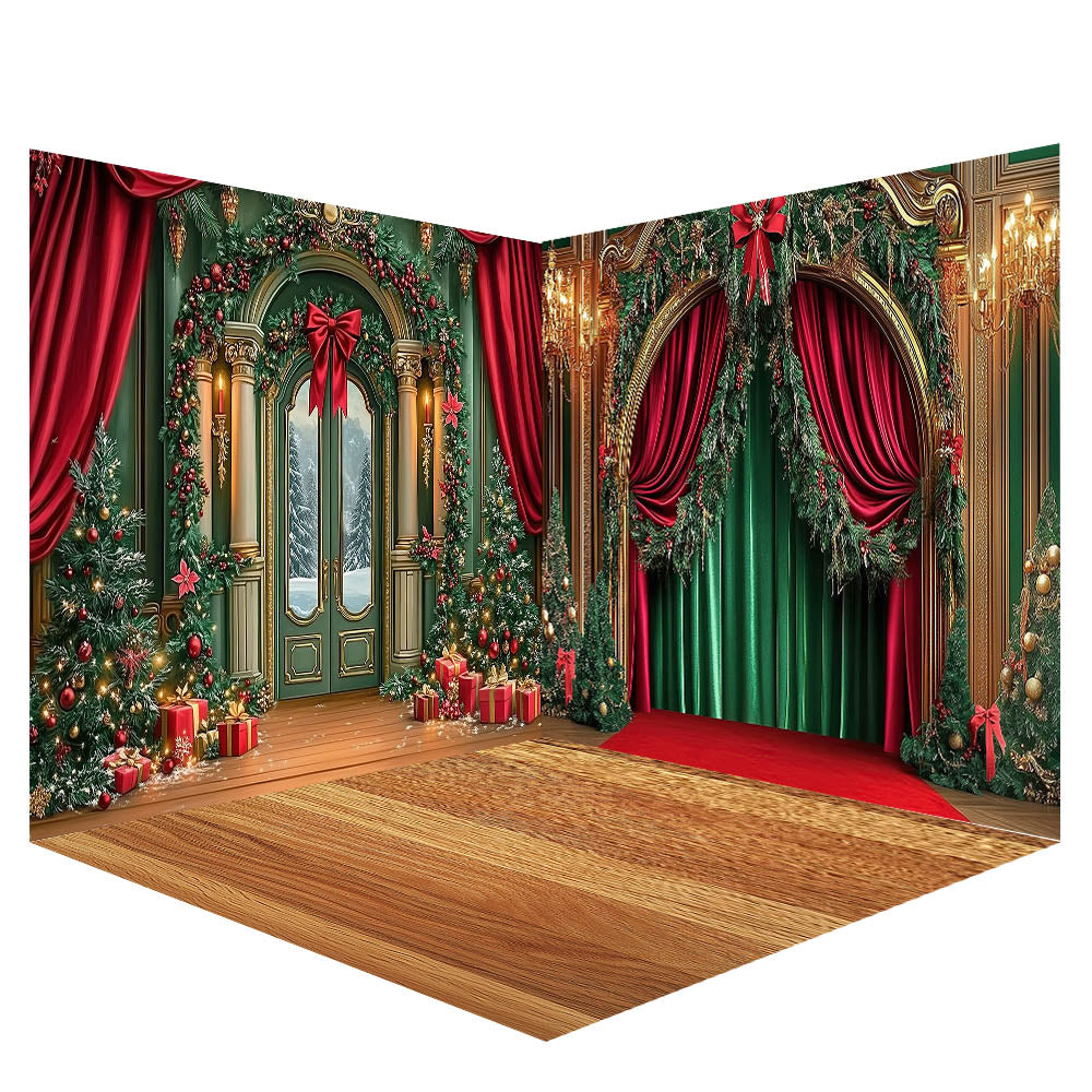 Avezano Christmas Bow-shaped Archway and Curtains Photography Backdrop Scene Room Set