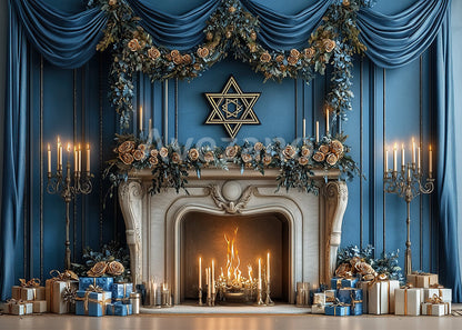 Avezano Blue Curtain Star of David Fireplace Photography Backdrop