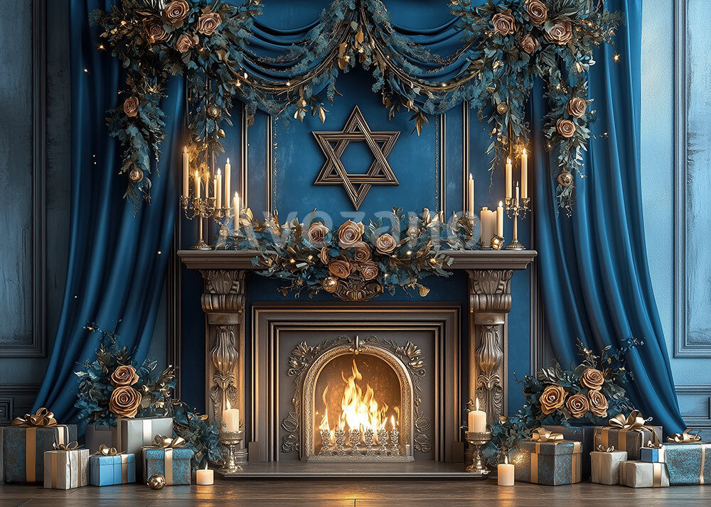 Avezano Ornate Blue Star of David Fireplace Photography Backdrop