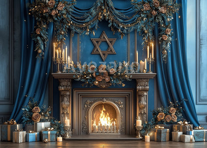 Avezano Ornate Blue Star of David Fireplace Photography Backdrop