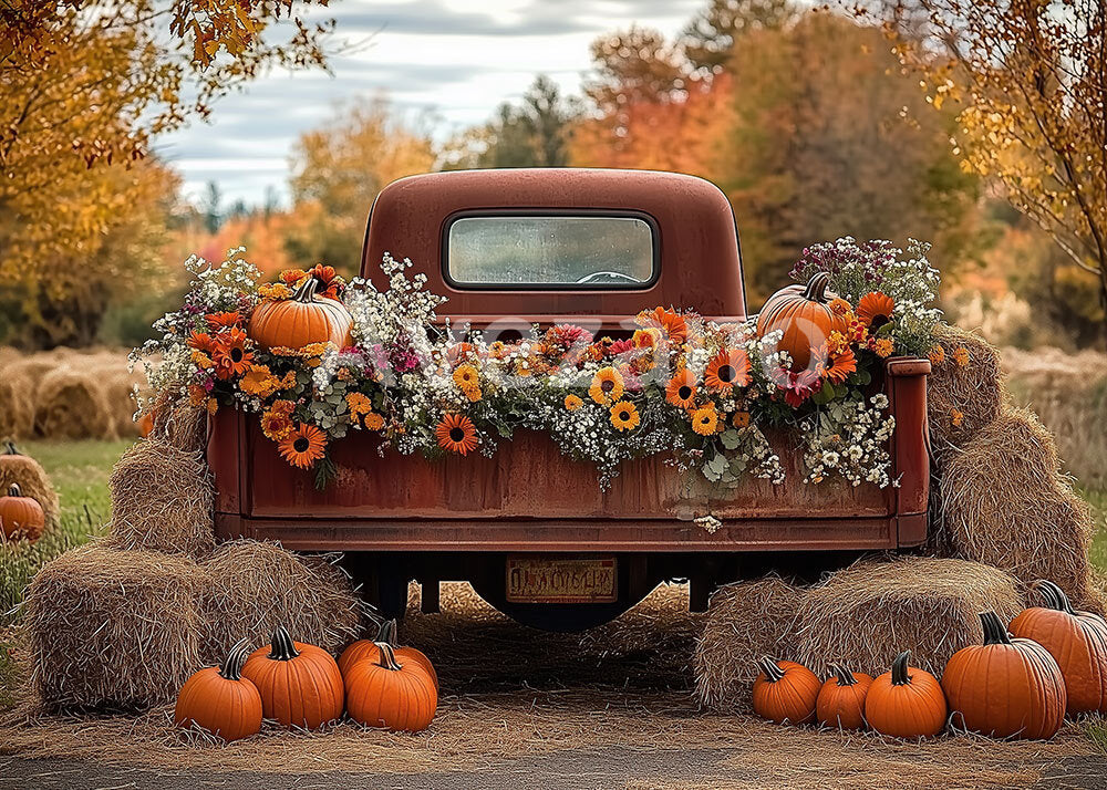 Toile de fond pour photographie de camion et de fleurs d'automne d'Avezano