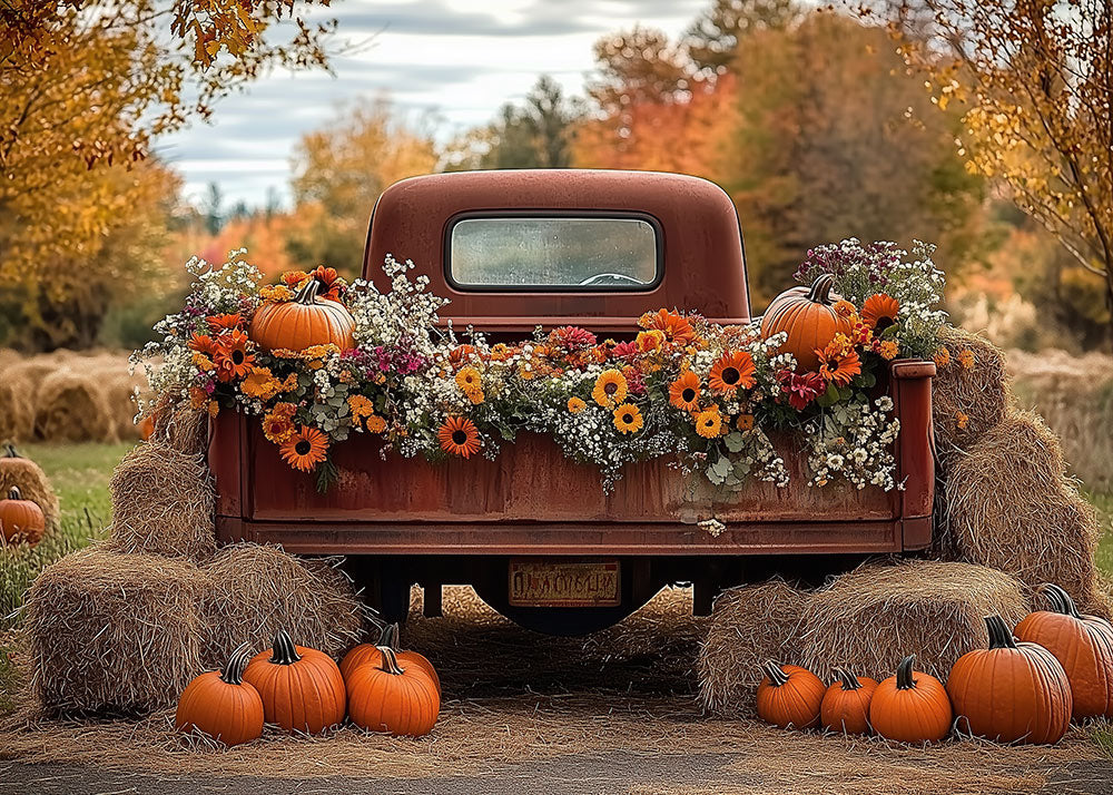 Avezano Autumn Red Truck Pumpkin 2 pcs Set Backdrop