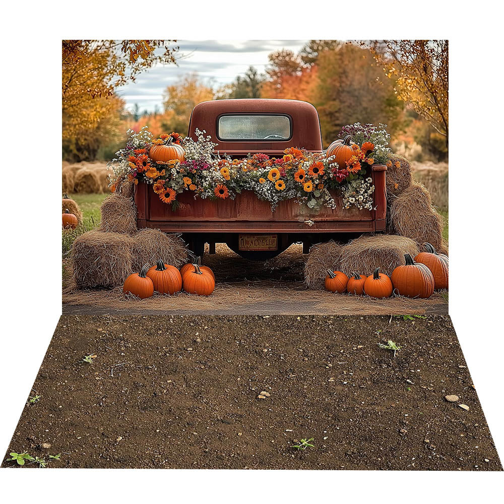 Avezano Autumn Red Truck Pumpkin 2 pcs Set Backdrop