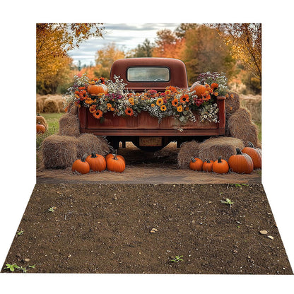 Avezano Autumn Red Truck Pumpkin 2 pcs Set Backdrop