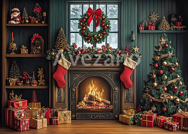 Avezano Christmas Fireplace Interior 2 pcs Set Backdrop holiday gift