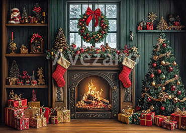 Avezano Burning Fireplace Christmas 2 pcs Set Backdrop