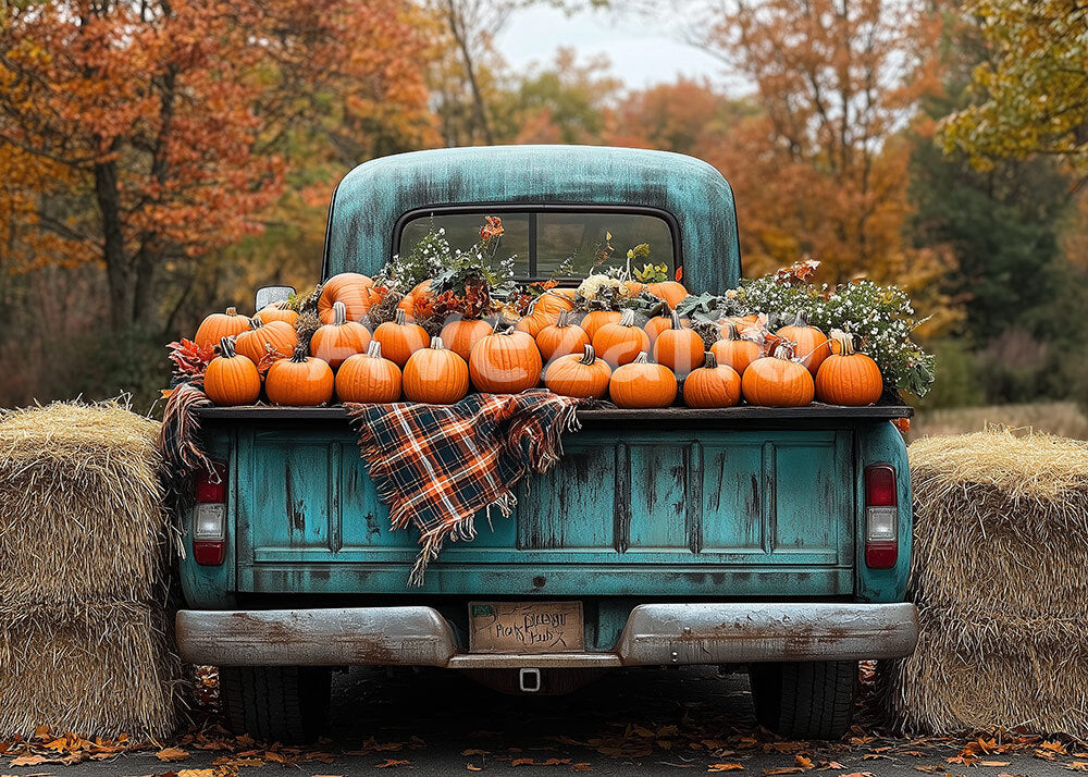 Toile de fond pour photographie de camion et de fleurs d'automne d'Avezano