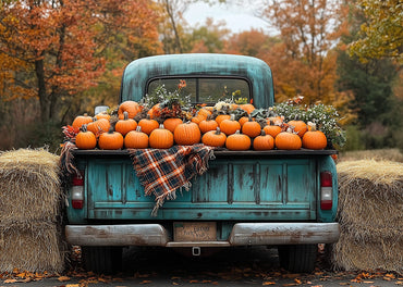 Avezano Autumn Blue Truck Pumpkin 2 pcs Set Backdrop