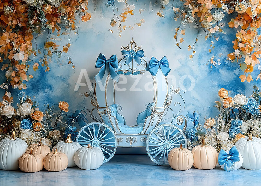 Avezano Blue Carriage Floral Autumn Photography Backdrop