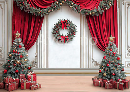 Toile de fond pour photographie de sapin de Noël blanc et de cadeaux d'Avezano