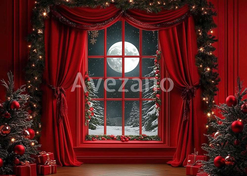 Avezano Red Curtain Moonlit Christmas Window Photography Backdrop