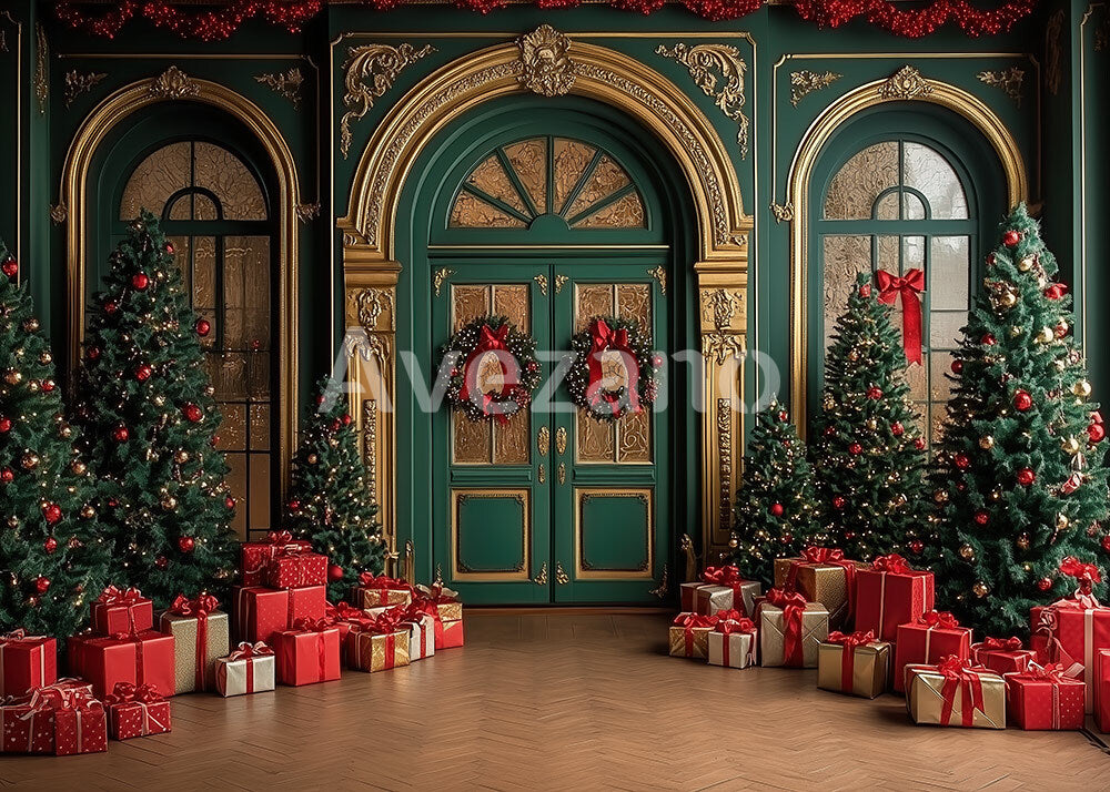 Toile de fond pour photographie de sapin de Noël blanc et de cadeaux d'Avezano