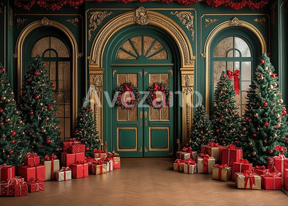 Toile de fond pour photographie de sapin de Noël blanc et de cadeaux d'Avezano