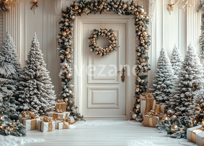 Avezano White Door Golden Wreath Christmas Photography Backdrop