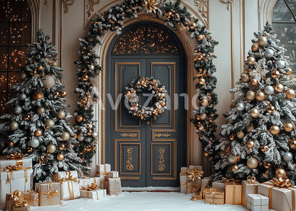 Avezano Dark Door Golden Accent Christmas Photography Backdrop