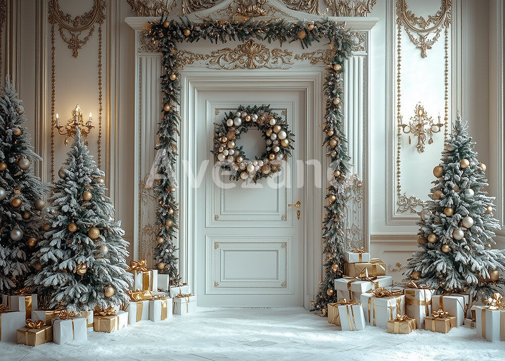 Avezano White Door Luxurious Golden Trim Christmas Photography Backdrop