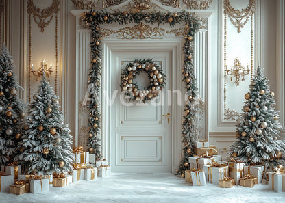 Avezano White Door Luxurious Golden Trim Christmas Photography Backdrop