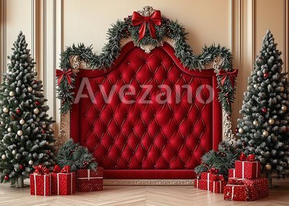 Toile de fond pour photographie de sapin de Noël blanc et de cadeaux d'Avezano