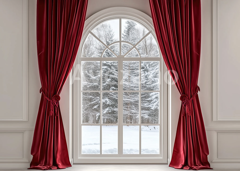 Avezano Red Curtain Snowy Window Photography Backdrop