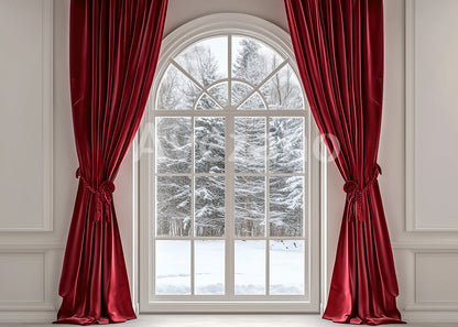 Avezano Red Curtain Snowy Window Photography Backdrop