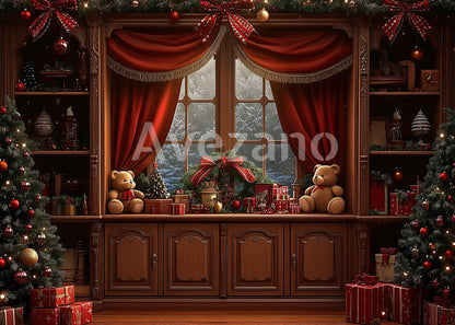 Toile de fond pour photographie de sapin de Noël blanc et de cadeaux d'Avezano