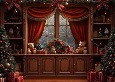 Avezano Christmas Teddy Bear Red Window 2 pcs Set Backdrop