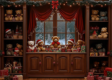 Avezano  Three Teddy Bear Christmas Window Photography Backdrop Scene Room Set