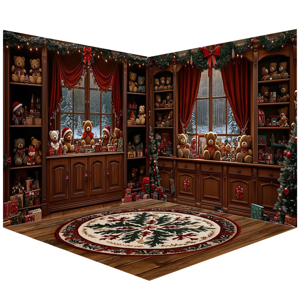 Avezano  Three Teddy Bear Christmas Window Photography Backdrop Scene Room Set