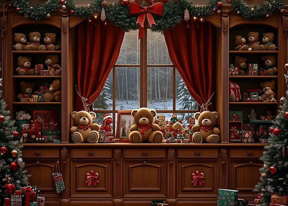 Avezano  Three Teddy Bear Christmas Window Photography Backdrop Scene Room Set