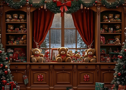 Avezano  Three Teddy Bear Christmas Window Photography Backdrop Scene Room Set