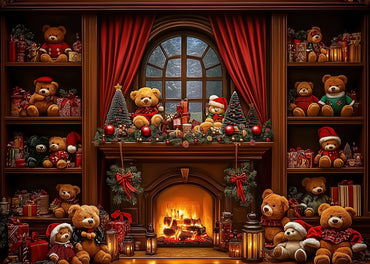 Avezano Teddy Bear Fireplace Christmas Photography Backdrop Scene Room Set