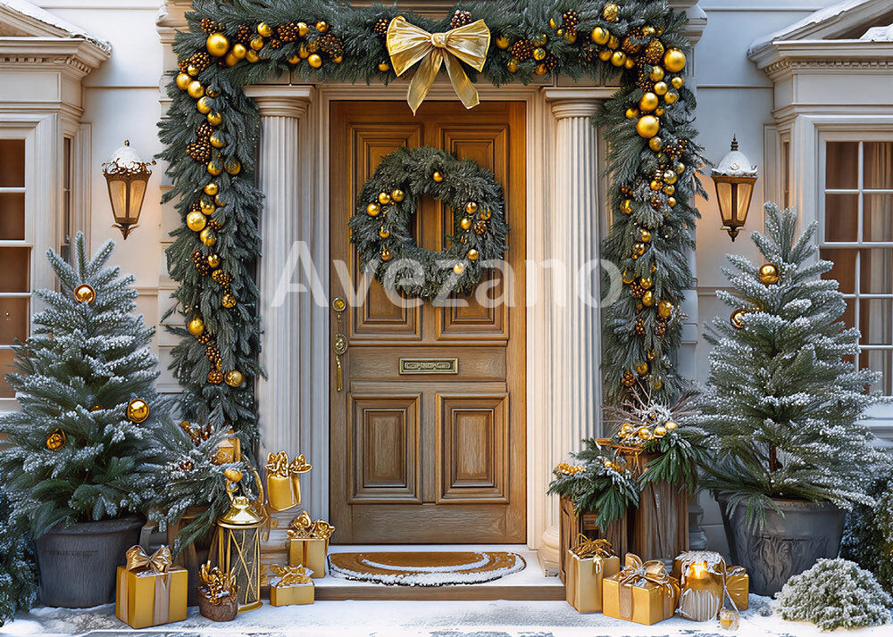Avezano Gold Christmas Door Wreath Photography Backdrop