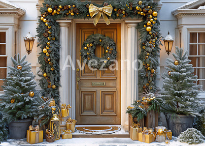 Avezano Gold Christmas Door Wreath Photography Backdrop