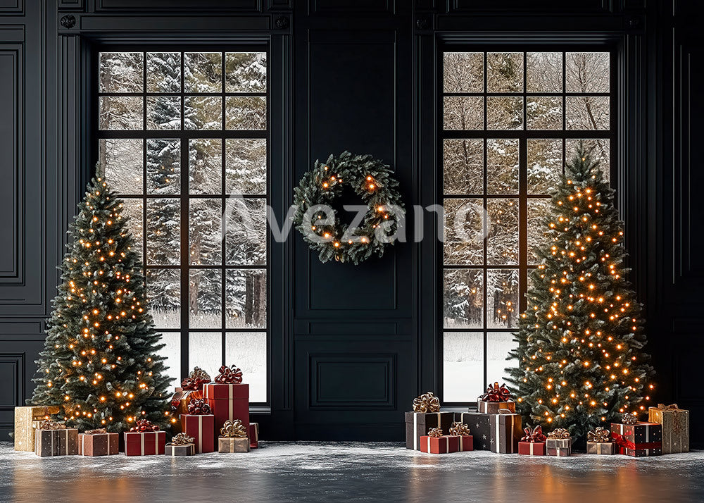 Avezano Black Window Snowy Christmas Tree Photography Backdrop