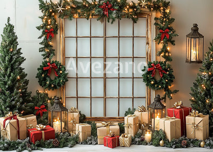 Avezano Red Bow Vintage Window Christmas Photography Backdrop