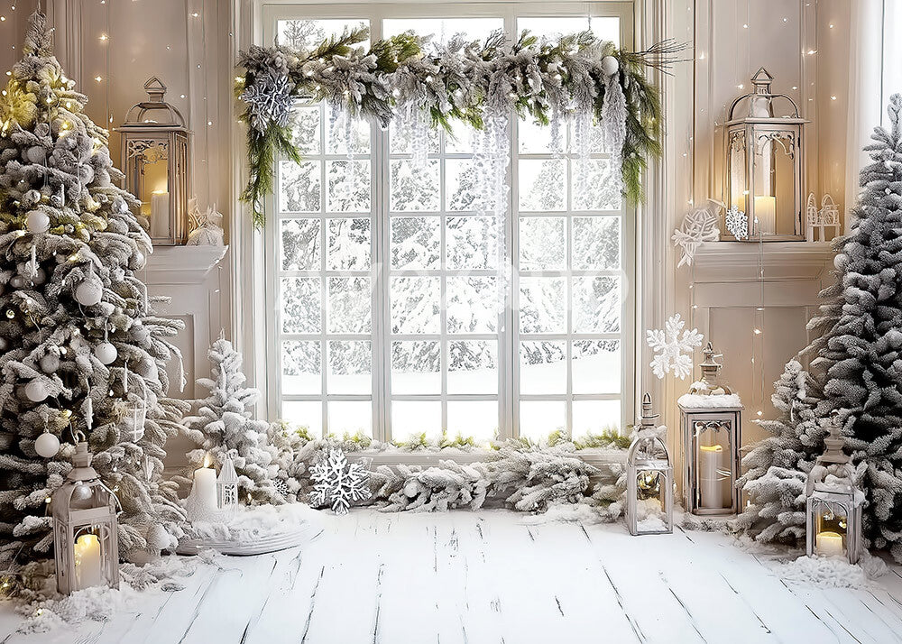 Avezano White Snowy Christmas Window Photography Backdrop