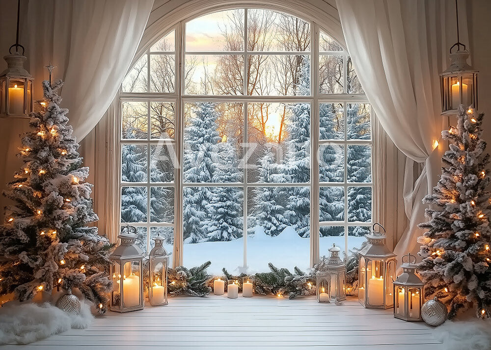 Avezano Snowy Forest Sunset Window Christmas Photography Backdrop